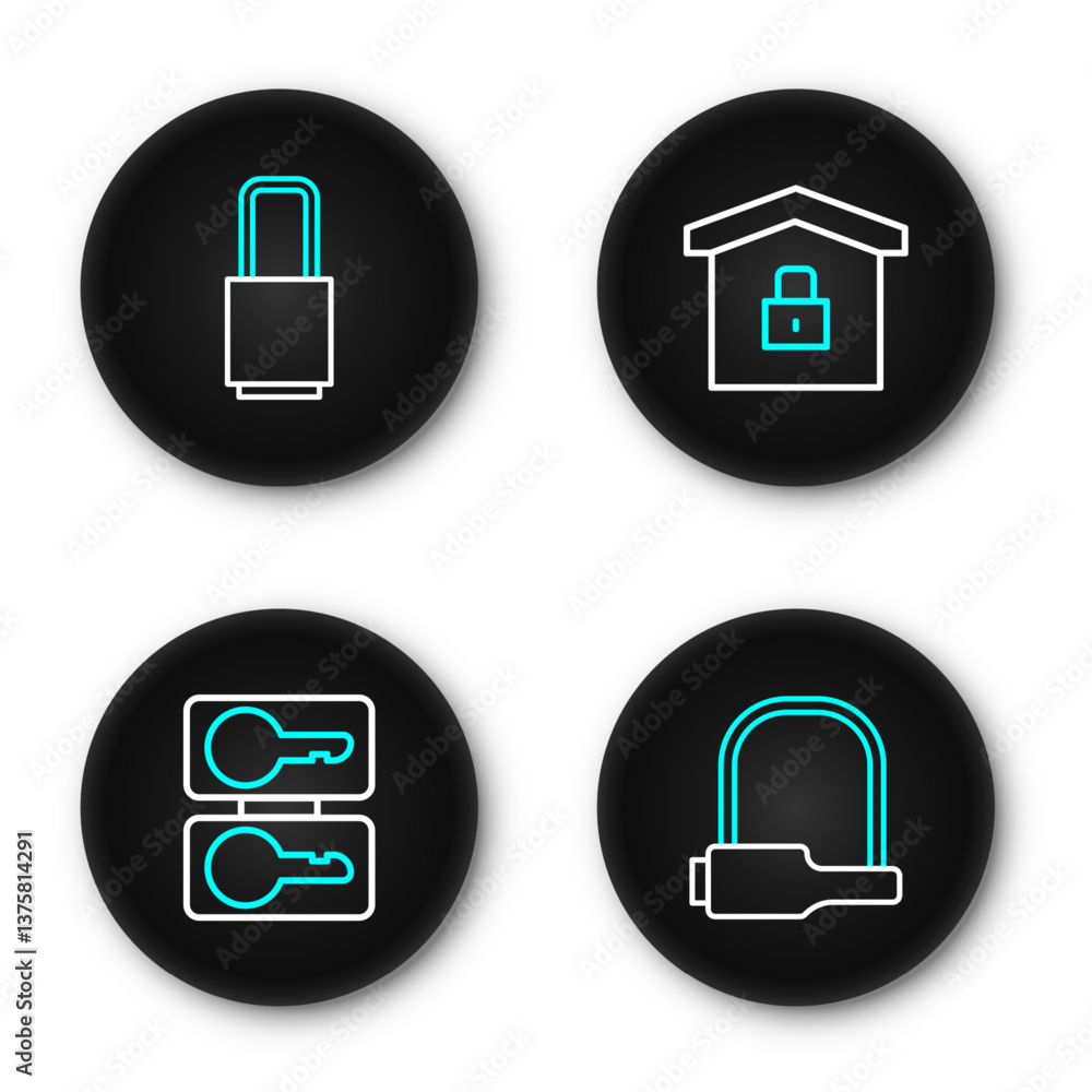Set line Bicycle lock, Casting keys, House under protection and Lock icon. Vector Set line Bicycle lock, Casting keys, House under protection and Lock icon. Vector