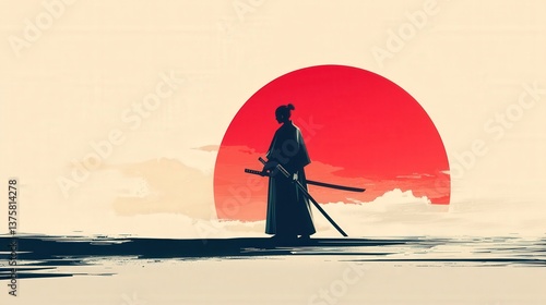 Stoic samurai silhouetted against a vibrant red sun. Traditional robes, poised with a sword, reflected in calm water. A striking, serene scene