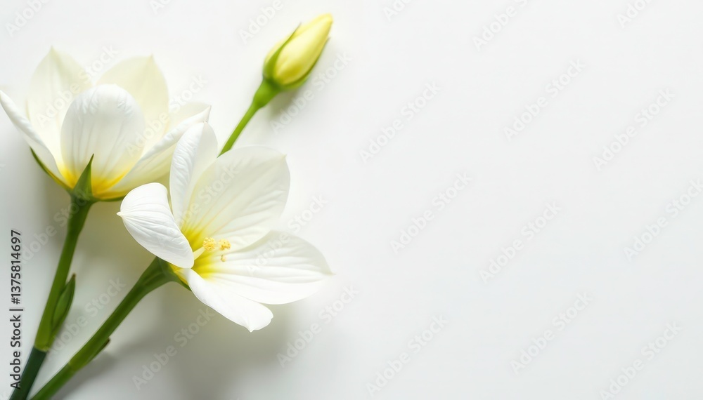 Naklejka premium Delicate white flowers arranged on a pure white surface , pure, serene, nature