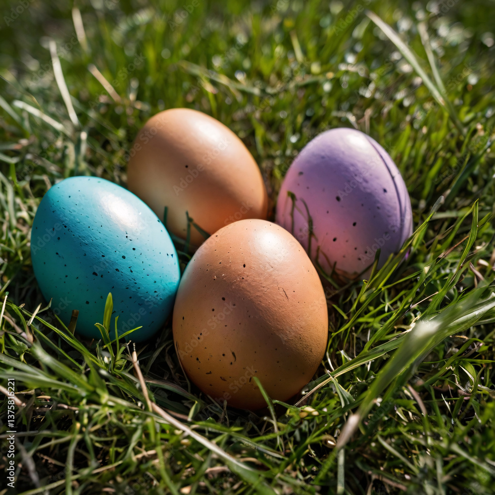 Easter bright eggs hidden in the grass. Easter minimalistic background Easter bright eggs hidden in the grass. Easter minimalistic background
