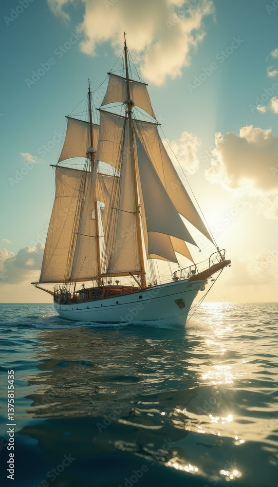 Majestic sailing vessel glides across ocean water at sunset, sails full, sun rays shining through clouds, creating a scenic and aw Majestic sailing vessel glides across ocean water at sunset, sails full, sun rays shining through clouds, creating a scenic and aw