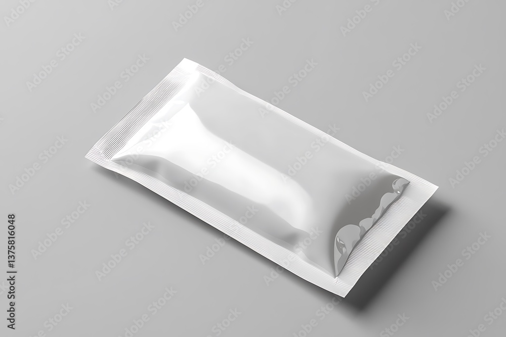 Realistic White Sachet Mockup Lying on Grey Surface, Glossy Texture, Sealed Pack Realistic White Sachet Mockup Lying on Grey Surface, Glossy Texture, Sealed Pack