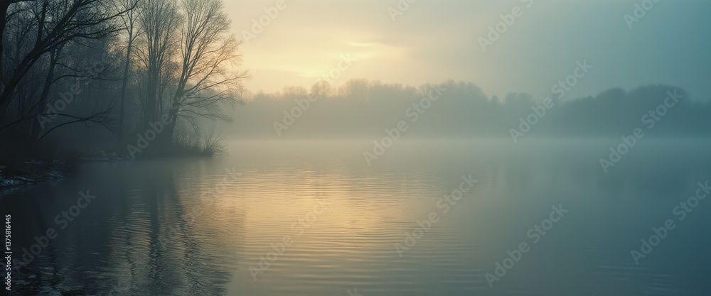 Obraz premium Ethereal lake scene with golden light reflecting on the water on a foggy morning, silhouettes of trees lining the shore
