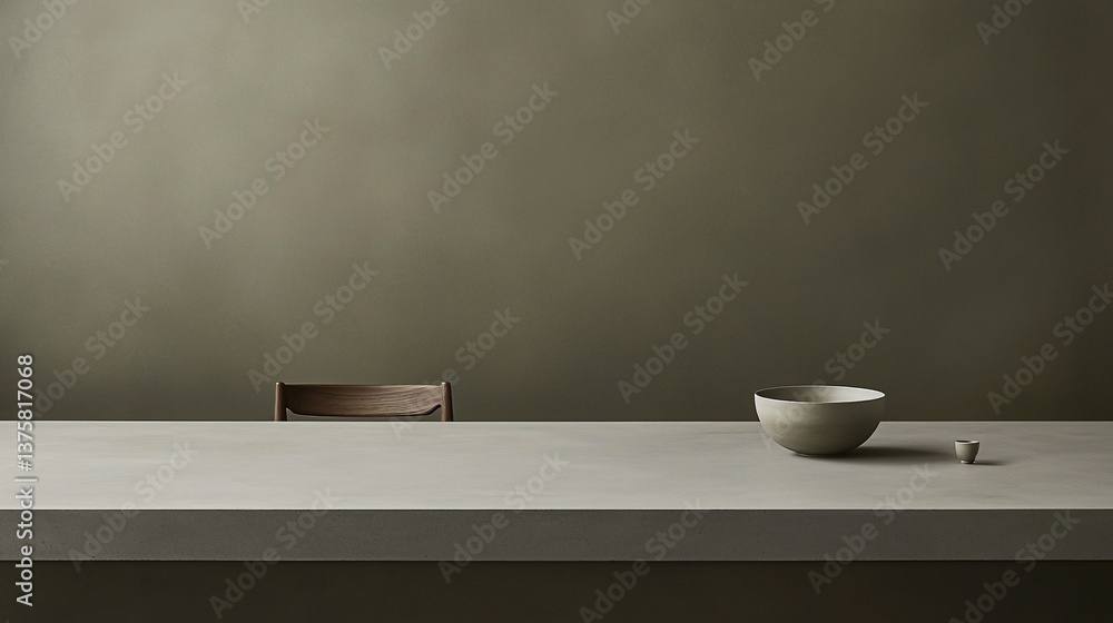 Minimalist interior with a table, chair, and bowl against a neutral background. Simple and serene dining area Minimalist interior with a table, chair, and bowl against a neutral background. Simple and serene dining area