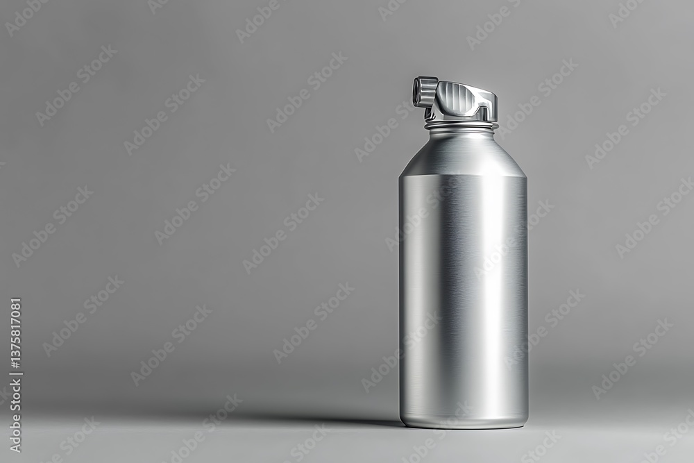 Shiny Silver Metal Bottle with Nozzle, Studio Shot on Gray Backdrop, Minimalist Shiny Silver Metal Bottle with Nozzle, Studio Shot on Gray Backdrop, Minimalist