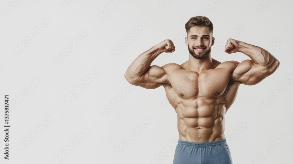 Muscular man flexing his biceps with a confident smile in studio Muscular man flexing his biceps with a confident smile in studio