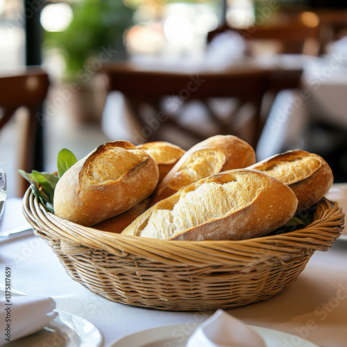 side view of french bread basket on a table restaurant, photography, high quality