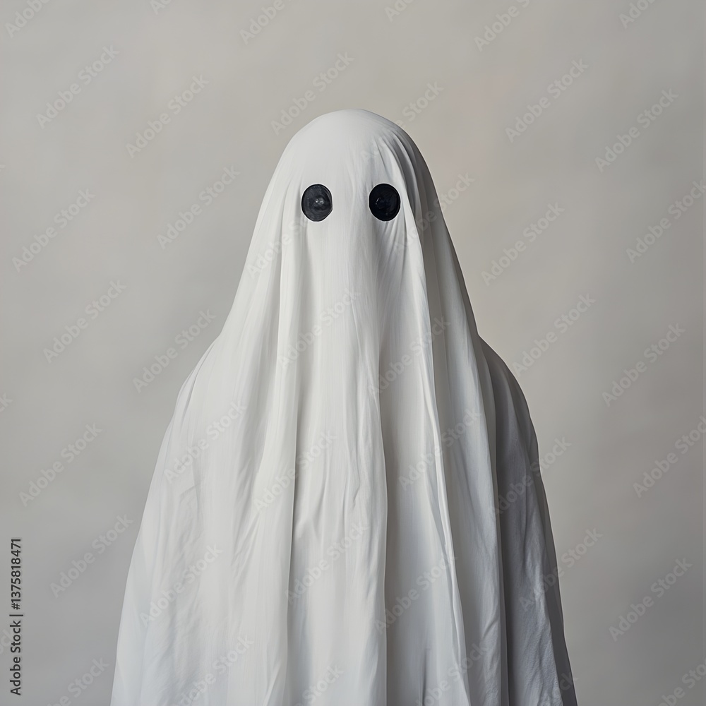 A person wearing an white sheet ghost costume with two small black eyes on the forehead A person wearing an white sheet ghost costume with two small black eyes on the forehead