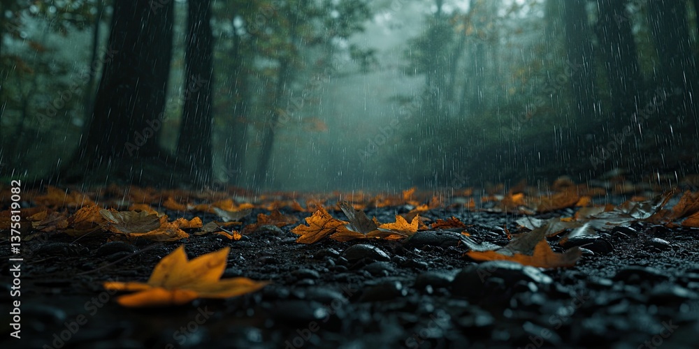 Obraz premium Autumn leaves falling on the forest floor, a beautiful autumn nature background 