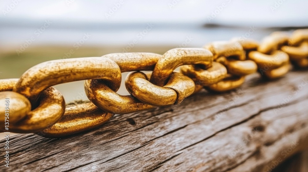 Close Up of Gold Chain on Weathered Wood Against a Beach Background Close Up of Gold Chain on Weathered Wood Against a Beach Background