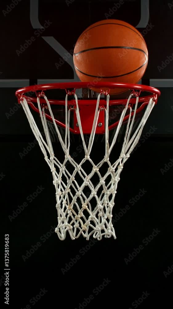 Super Slow Motion of Basketball Ball Hitting the Basket. Filmed on High Speed Cinema Camera, 1000fps. Vertical Aspect Ratio. Super Slow Motion of Basketball Ball Hitting the Basket. Filmed on High Speed Cinema Camera, 1000fps. Vertical Aspect Ratio.
