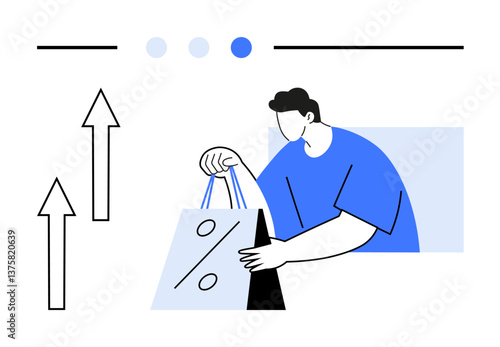 Person holding a shopping bag marked with a percentage, surrounded by three rising arrows. Ideal for retail, business growth, e-commerce, sales, discounts, customer behavior marketing success. Flat