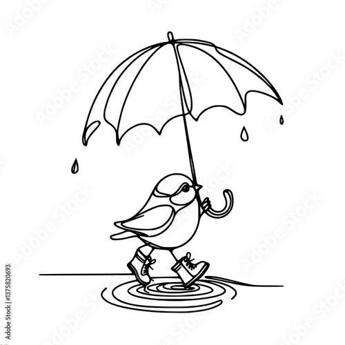 Bird with umbrella enjoying rain puddles in playful doodle style, single line vector    