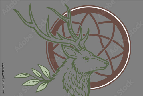 A majestic vector stag head gazing forward, its antlers branching into a symmetrical crown of rich green lines atop a circular moss-brown frame