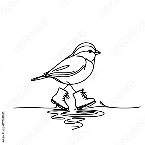 Bird on Ice Skates Walking on Water , single line vector   