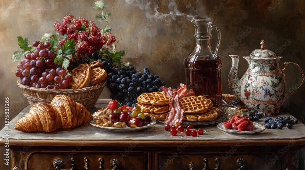Fototapeta premium Gourmet breakfast still life: croissants, waffles, fruit and syrup. Great for restaurant menus, cookbooks, breakfast ads.