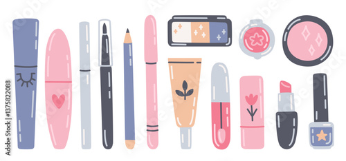 Set of different cosmetics. Face makeup tools illustrations in flat style. Cute cartoon mascaras, liners, lipsticks, lip gloss, shadows. Vector hand-drawn design elements on white background	