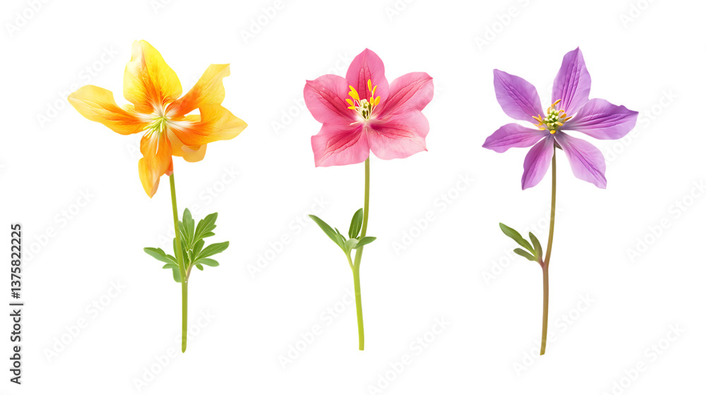 Naklejka premium Columbine Plant Set of Three Different Poses on Transparent Background for Floral Decor, Botanical Branding, or Nature Themes