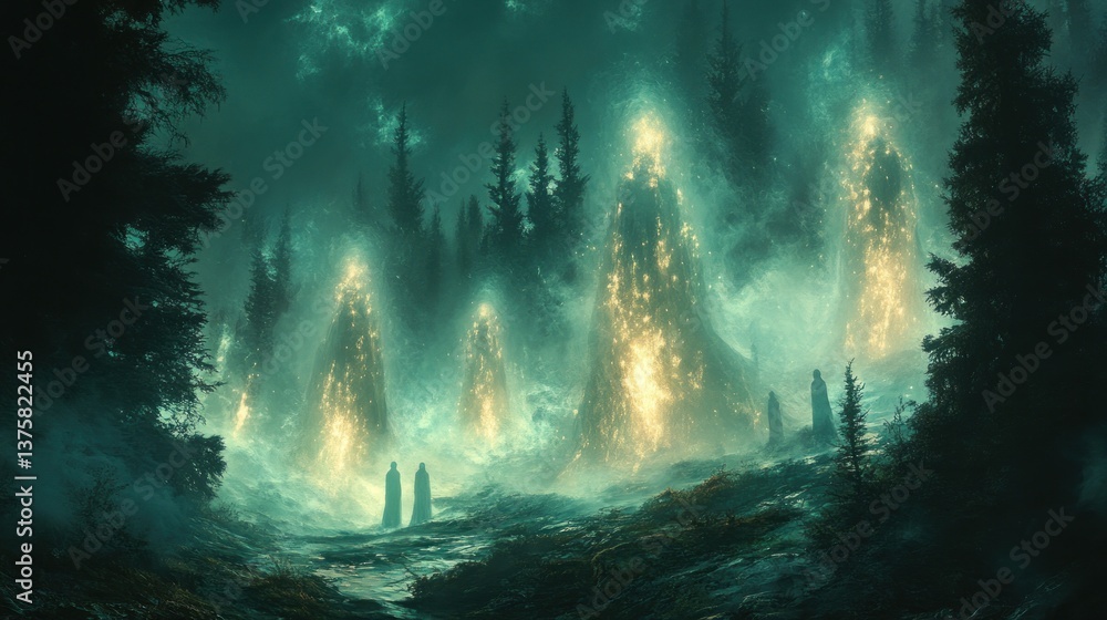 Fototapeta premium Mystical glowing structures in a dark forest at night