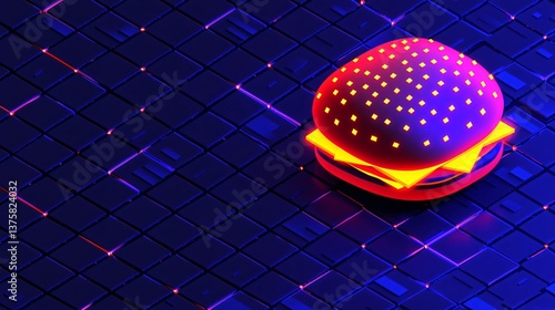 Neon burger rendering on textured blue surface. Isometric, glowing, cheeseburger illustration. Digital art