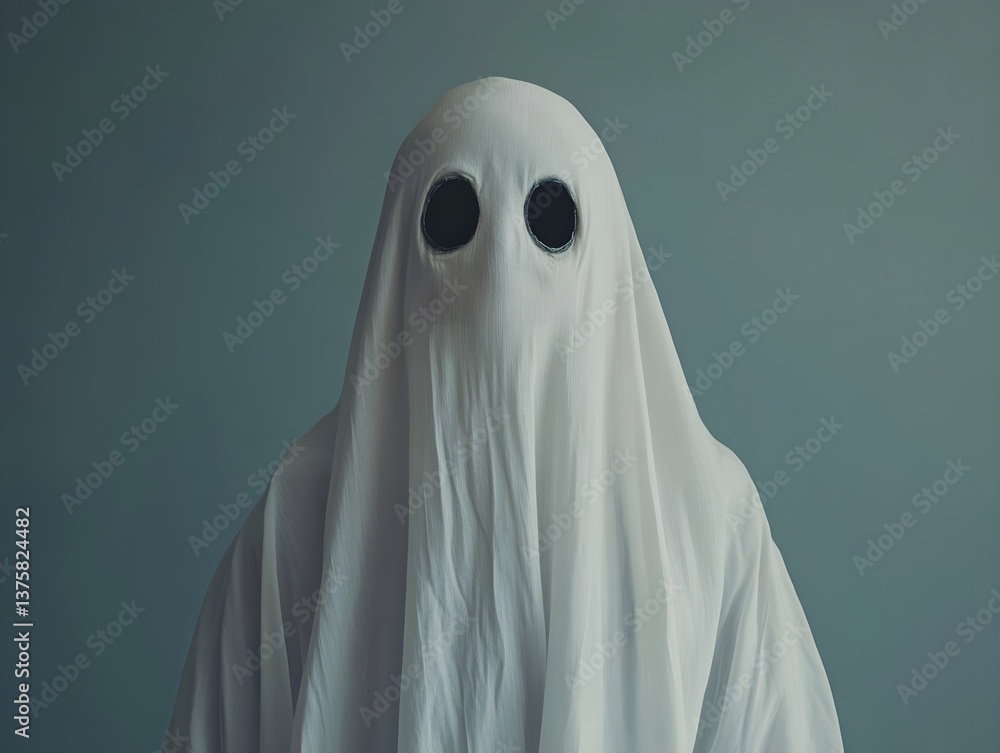 A person wearing an white sheet ghost costume with two small black eyes on the forehead A person wearing an white sheet ghost costume with two small black eyes on the forehead