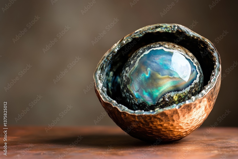 A lustrous orb nestled within a textured and open geode A lustrous orb nestled within a textured and open geode