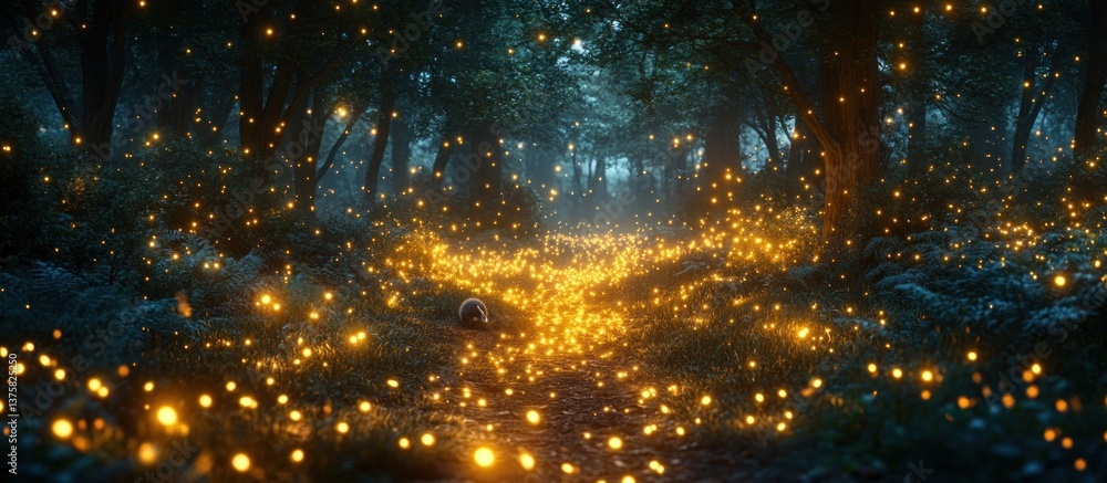 Naklejka premium Magical Firefly Forest Path at Night