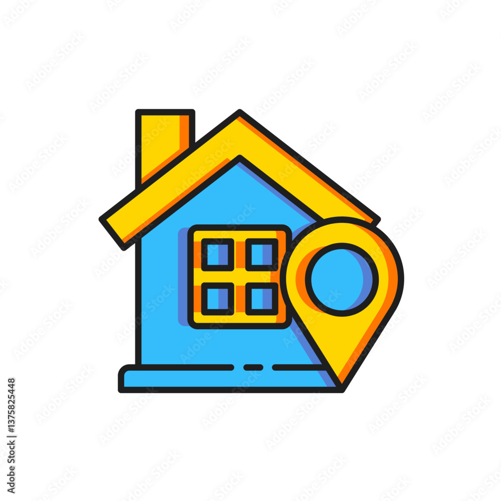 Fototapeta premium Color Map pointer with house icon isolated on white background. Home location marker symbol. Flat filled outline style with shadow. Vector