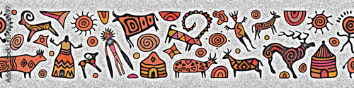 Seamless petroglyph border, rock paintings, multicolor banner, vector design