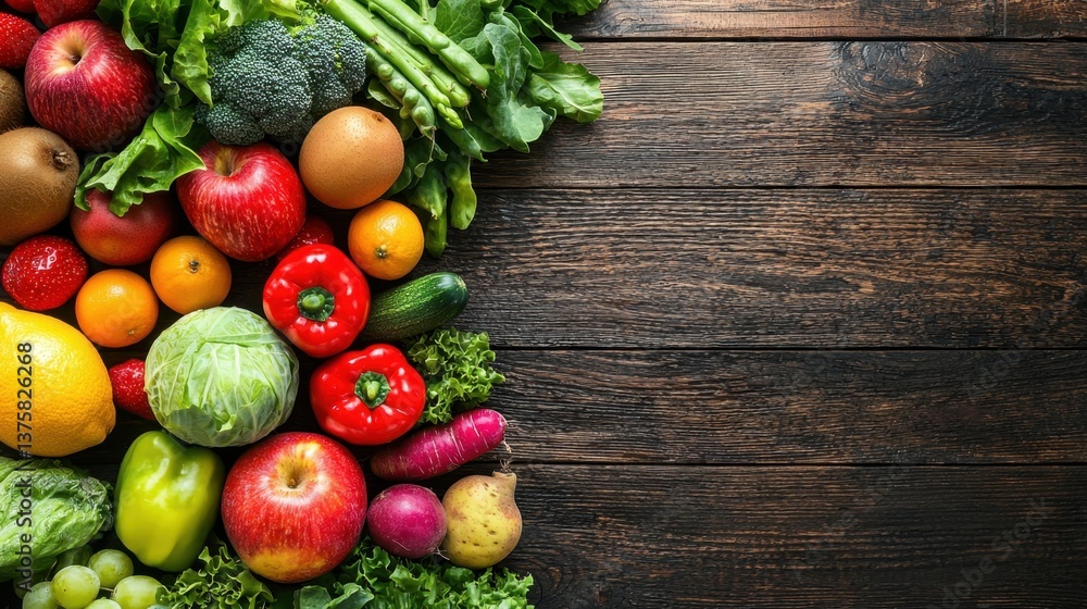 A rustic wooden table filled with vibrant fresh fruits and vegetables, arranged for healthy eating. A rustic wooden table filled with vibrant fresh fruits and vegetables, arranged for healthy eating.