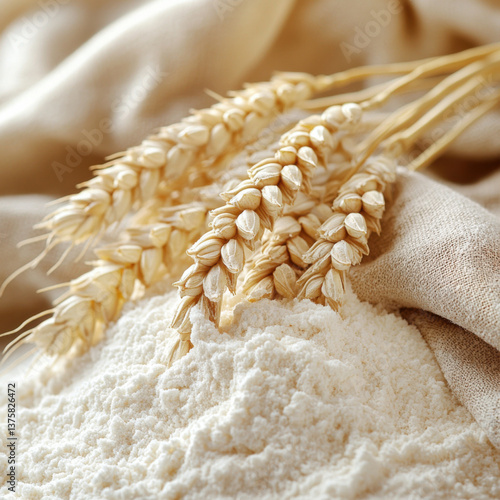 A close-up of white flour with wheat 