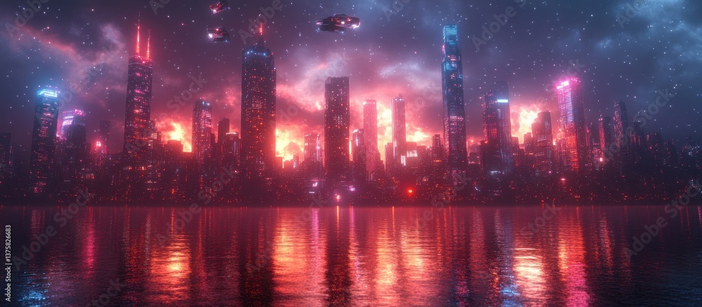 Fototapeta premium Neon Cityscape at Dusk with Fiery Skies