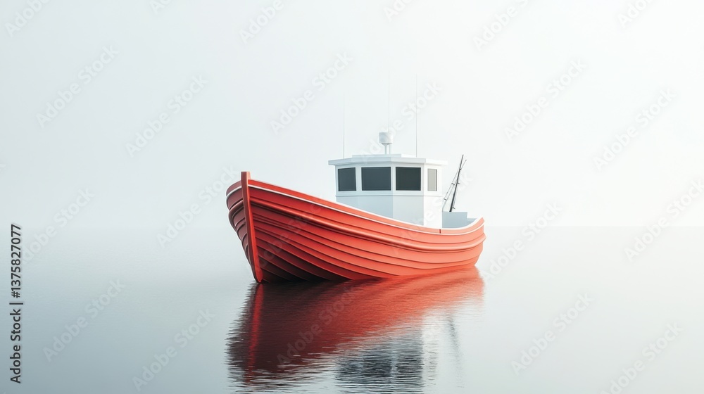 A vibrant red boat rests serenely on calm waters, reflecting its silhouette against a minimalist, foggy background. A vibrant red boat rests serenely on calm waters, reflecting its silhouette against a minimalist, foggy background.