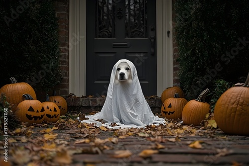 A cute dog dressed as a ghost sitting on the front porch with a Halloween pumpkin in the evening.