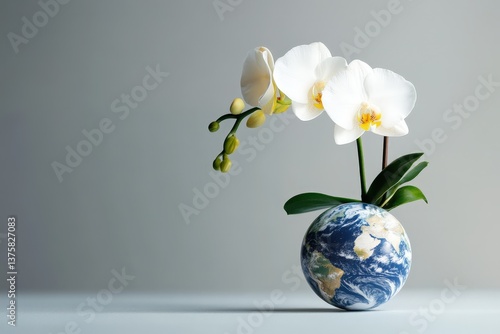 Fototapeta Naklejka Na Ścianę i Meble -  White orchids growing out of a representation of planet earth