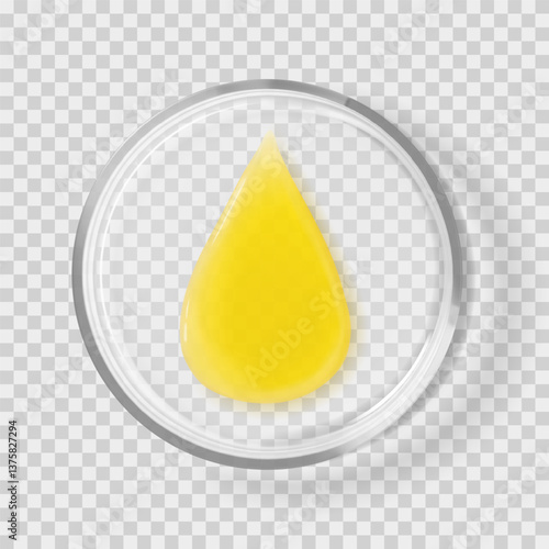 Oil drop facial serum with Vitamin E in transparent glass Petri Dish realistic vector illustration isolated. Beauty skincare cosmetic products concept laboratory tests and research
