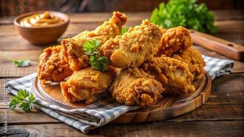 crispy coated batter southern style fried chicken in a wooden table
