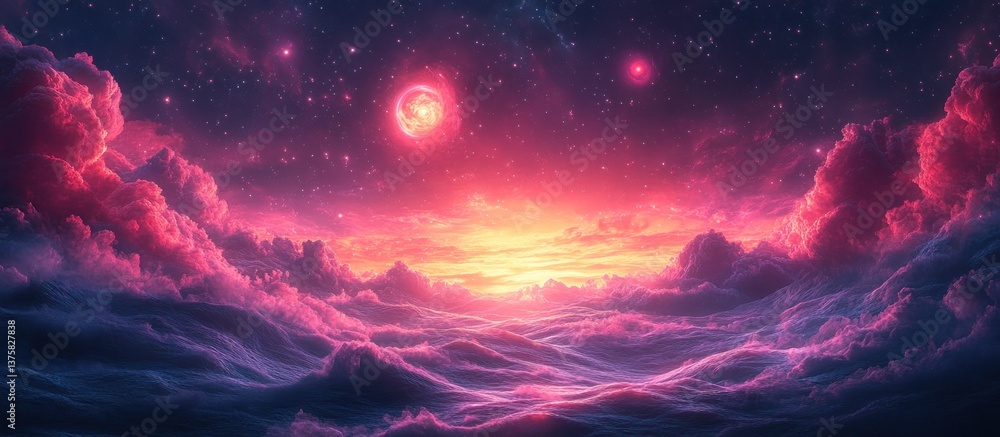 Fototapeta premium Pink celestial cloudscape with double sunset