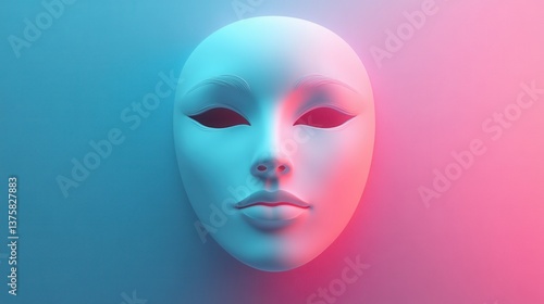 A minimalist, stylized face mask in soft blue and pink hues, blending art and emotion in a striking, modern design.