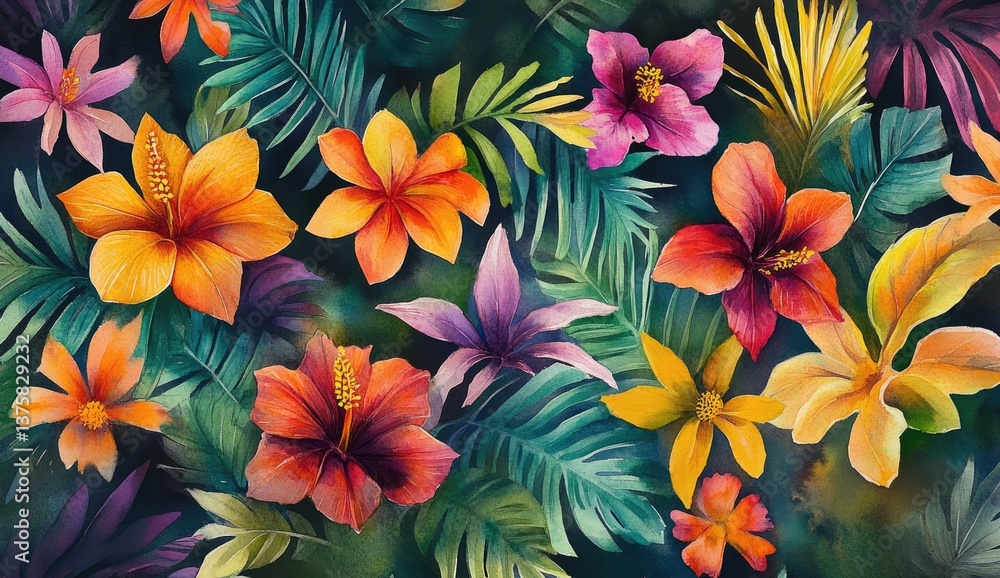 Vibrant tropical flower and leaf pattern (1) Vibrant tropical flower and leaf pattern (1)