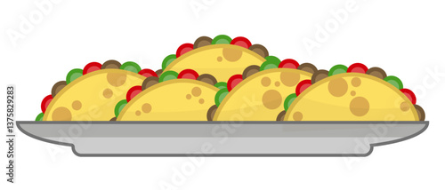 Tasty Mexican Tacos on a Plate. Vector Flat Illustration of Traditional Street Food for Menu, Restaurant, or Cooking Concept.