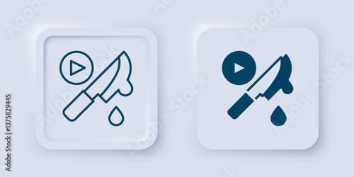 Filled and outline Thriller movie icon isolated on grey background. Bloody knife. Suspenseful cinema genre, survival horror. Shocking films with gore and violence. Square button. Vector