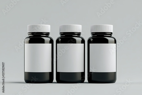 Three Black Bottles with White Lids and Labels in Minimalist Style