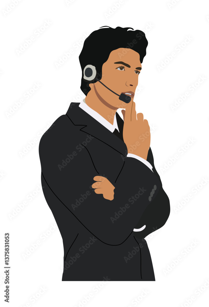 Handsome businessman customer service representative with headset. IT support worker. Thinking guy wearing office formal outfit. Cartoon male character vector realistic illustration isolated on white. Handsome businessman customer service representative with headset. IT support worker. Thinking guy wearing office formal outfit. Cartoon male character vector realistic illustration isolated on white.