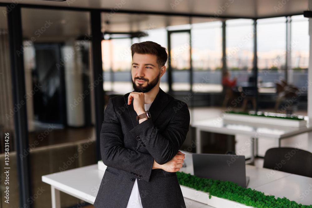 Thoughtful doubtful company ceo executive standing in office holding hand in chin looking at camera thinking Thoughtful doubtful company ceo executive standing in office holding hand in chin looking at camera thinking