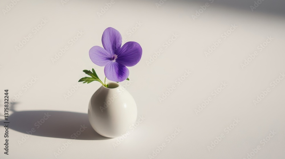Simple Beauty: A delicate single purple flower, gracefully poised within a petite white vase, casting gentle shadows in the sunlit. Simple Beauty: A delicate single purple flower, gracefully poised within a petite white vase, casting gentle shadows in the sunlit.