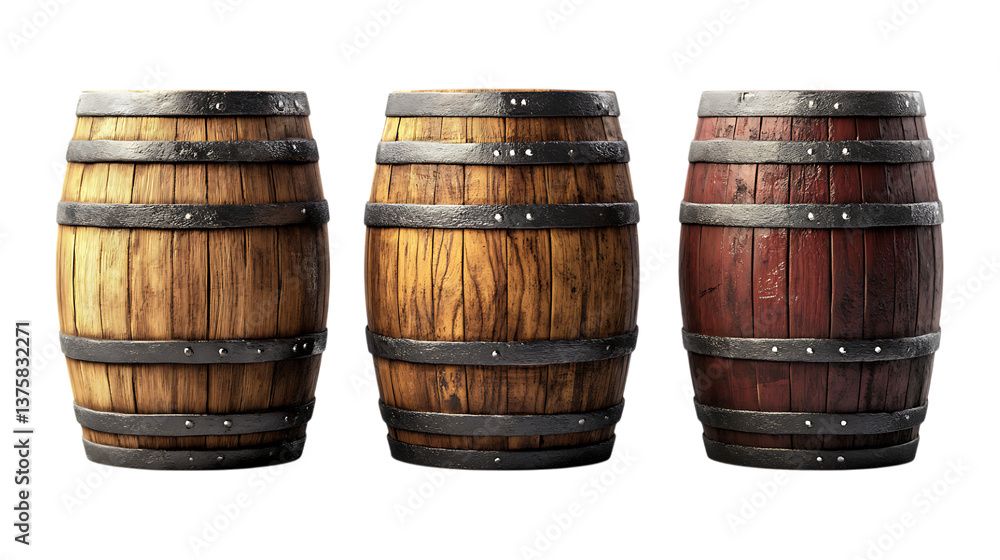 Barrels Set of Three Different Poses on Transparent Background for Farm Branding, Rustic Decor, or Industrial Design Barrels Set of Three Different Poses on Transparent Background for Farm Branding, Rustic Decor, or Industrial Design