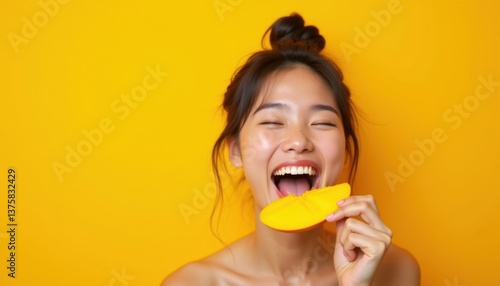 Asian woman taking a bite of a juicy mango slice
