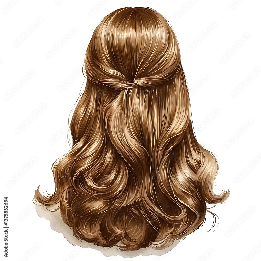 Fototapeta premium Elegant Brown Hair, Back View A Detailed Illustration of Long, Wavy Brown Hair Styled in a Half-Updo.
