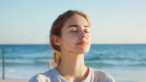 Serene Moment at Seaside: A young woman basking in the gentle warmth of sunlight, her eyes closed, finding peace on a beautiful sandy beach, the calming sea stretching endlessly in the distance.